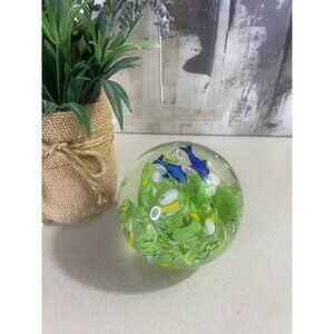 Vintage Art Glass Dolphin Ocean Bubbles Paperweight Paper Weight 3"